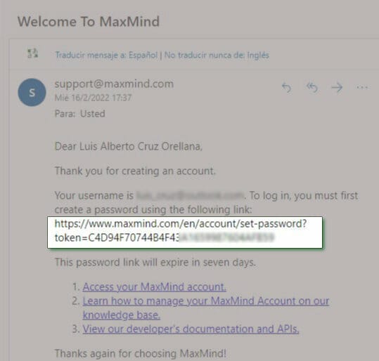 Email que recibes para activar la clave de tu cuenta de MAXMIND